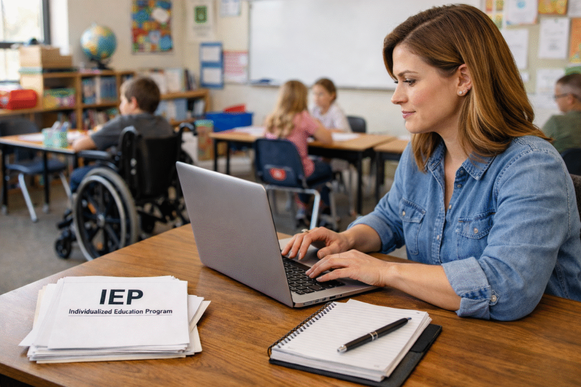 Teacher working on a laptop at her desk with IEP Individualized Education Program documents in the foreground while students, including one in a wheelchair, study in a classroom behind her
