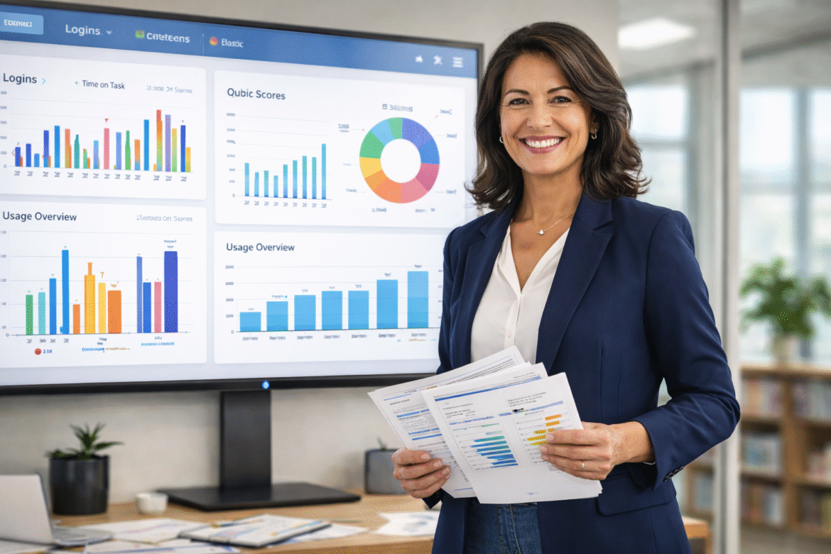 Smiling businesswoman in a navy blazer holding printed reports while standing in front of a large screen displaying colorful business analytics charts and graphs in a modern office