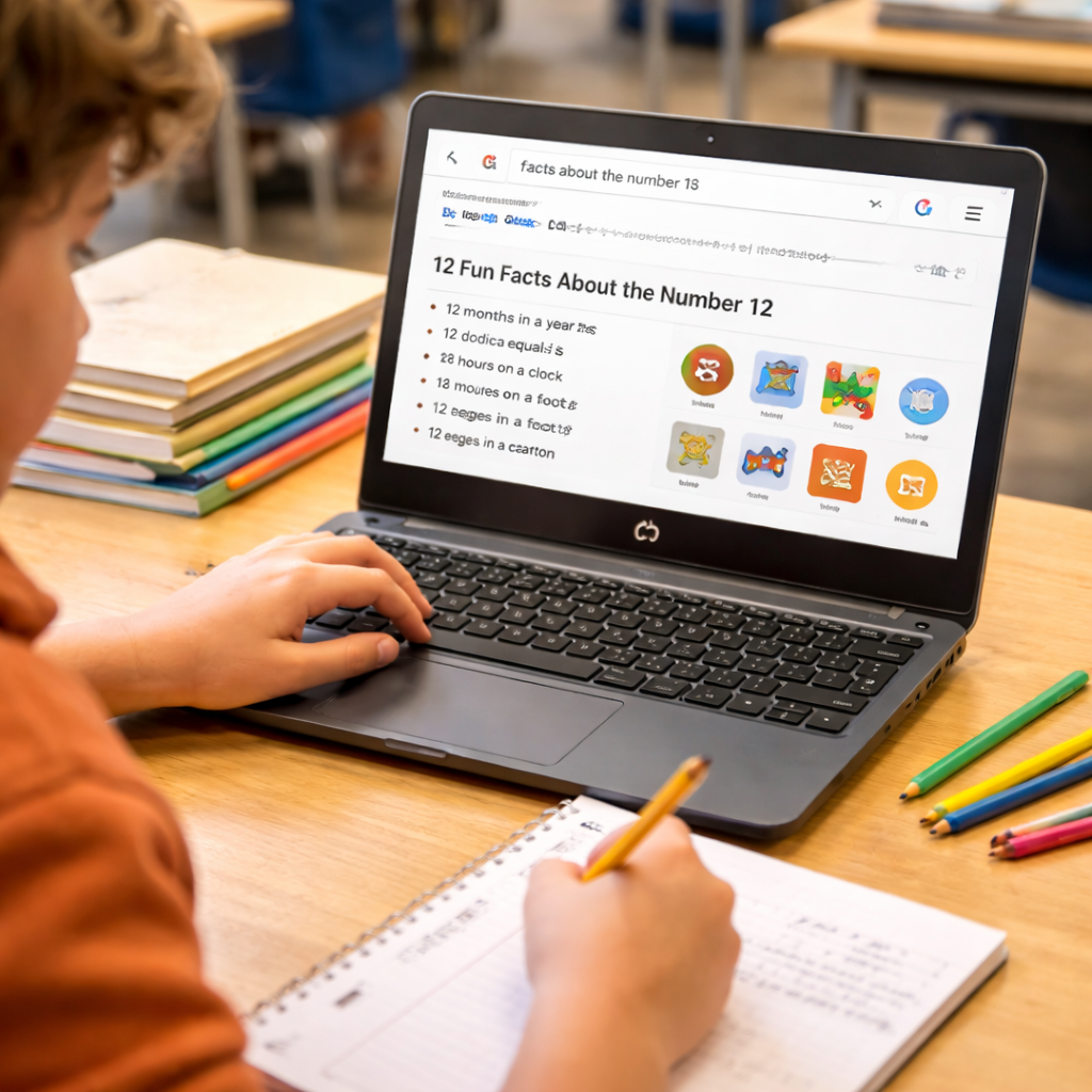 Student wearing an orange hoodie uses a Chromebook to research fun facts about the number 12, while taking notes in a spiral notebook with a pencil. The laptop screen shows the Google easter egg search results titled 12 Fun Facts About the Number 12, and colorful pencils and stacked books sit nearby on a classroom desk in a quiet workspace.