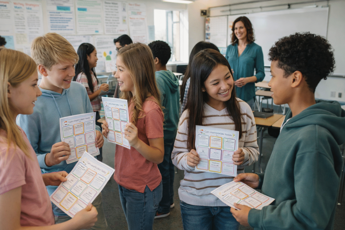 Photorealistic image of a diverse group of middle school students standing in pairs and small groups in a bright classroom, holding colorful formative assessment bingo cards and talking with each other, while a smiling teacher observes in the background near a whiteboard and anchor charts, with desks pushed aside and natural daylight streaming through the windows.
