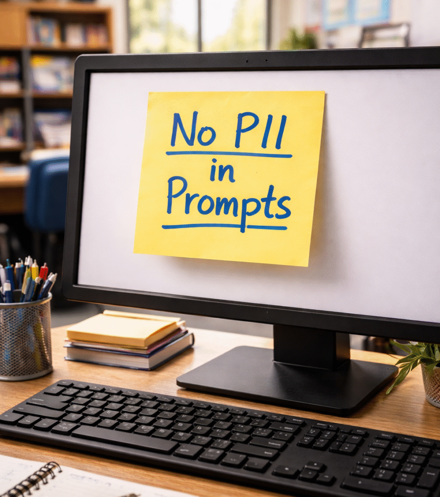 Computer monitor in a school office with a yellow sticky note that reads No PII in Prompts, with a keyboard and office supplies on the desk