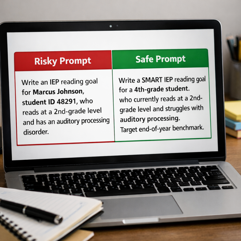 Laptop screen displaying a comparison between a risky prompt with personal student details and a safer prompt using general student information for writing a SMART IEP goal