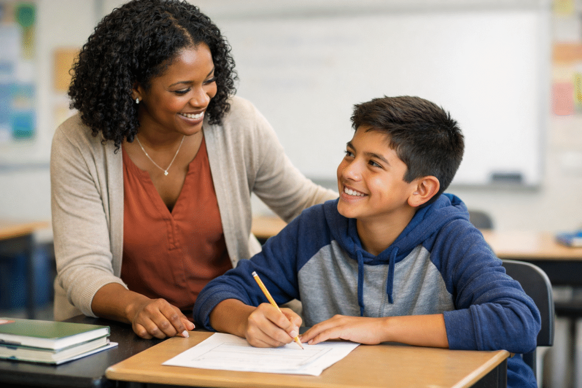 Smiling teacher sitting beside a middle school boy as he writes on a worksheet in a classroom, offering supportive guidance.