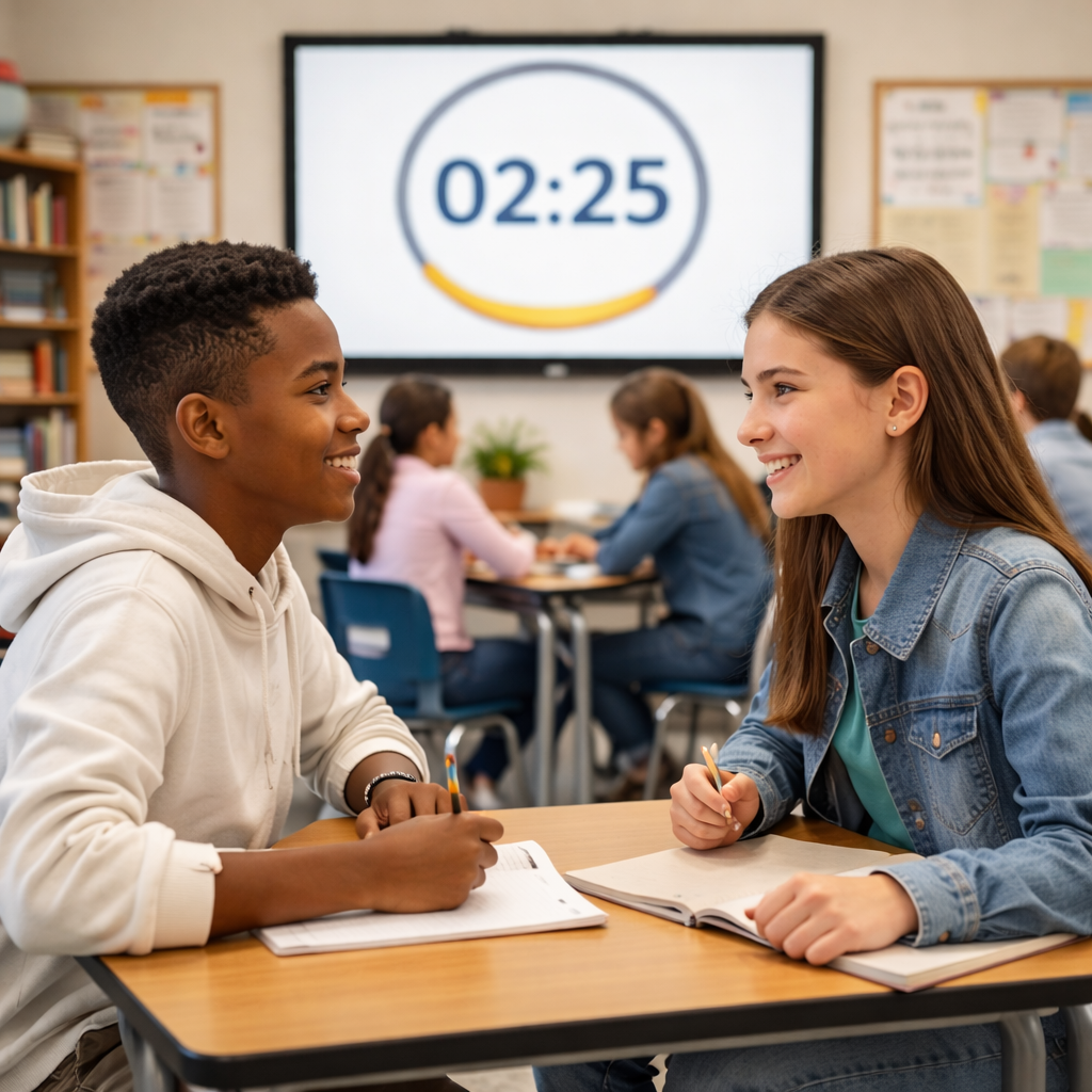 Two middle school students sit facing each other at a desk, smiling and talking while holding pencils and open notebooks. Behind them, a large classroom screen displays a countdown timer reading 02:25, and other students can be seen working in pairs in a bright, organized classroom environment.