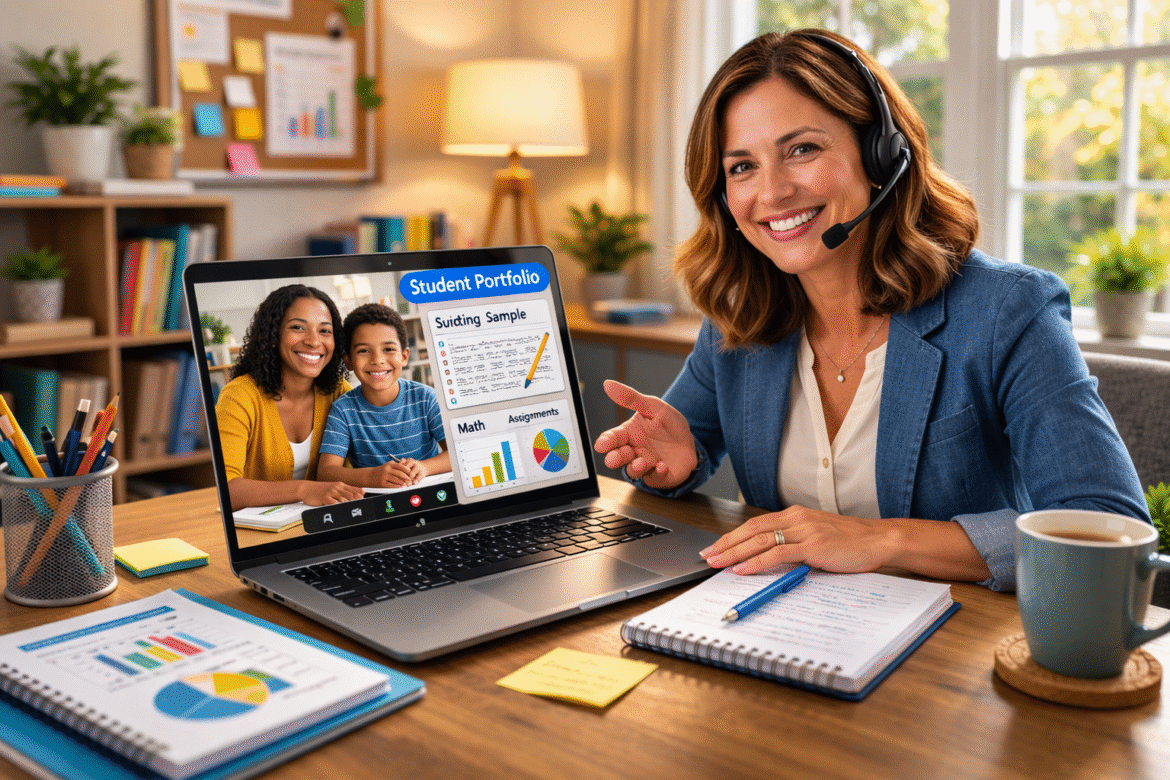 Smiling teacher wearing a headset sits at a desk during a virtual meeting, pointing to a laptop screen displaying a student portfolio with charts and a mother and son on a video call.