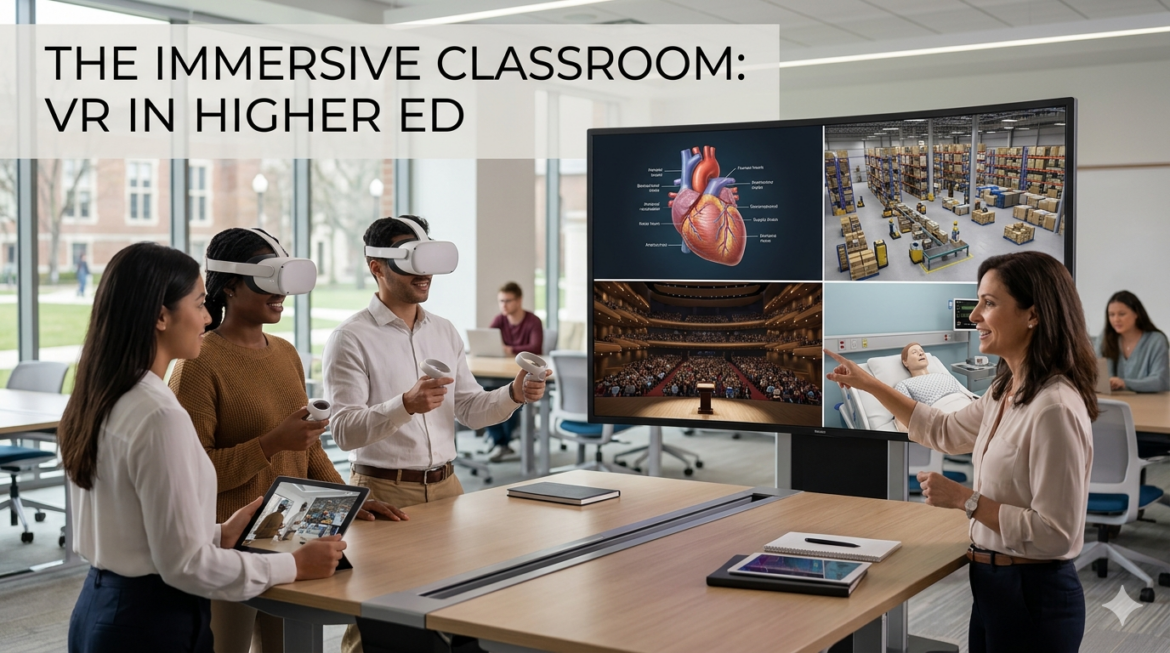 Diverse students in a modern lab use VR headsets and a tablet. A large central screen displays a four-way split of diverse academic simulations, including a labeled anatomical heart and a warehouse.