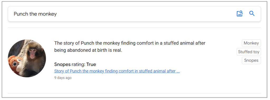 Search engine result showing a fact-check stating that the story of Punch the monkey finding comfort in a stuffed toy after being abandoned at birth is rated true by Snopes, with a small thumbnail image of the monkey holding the toy.