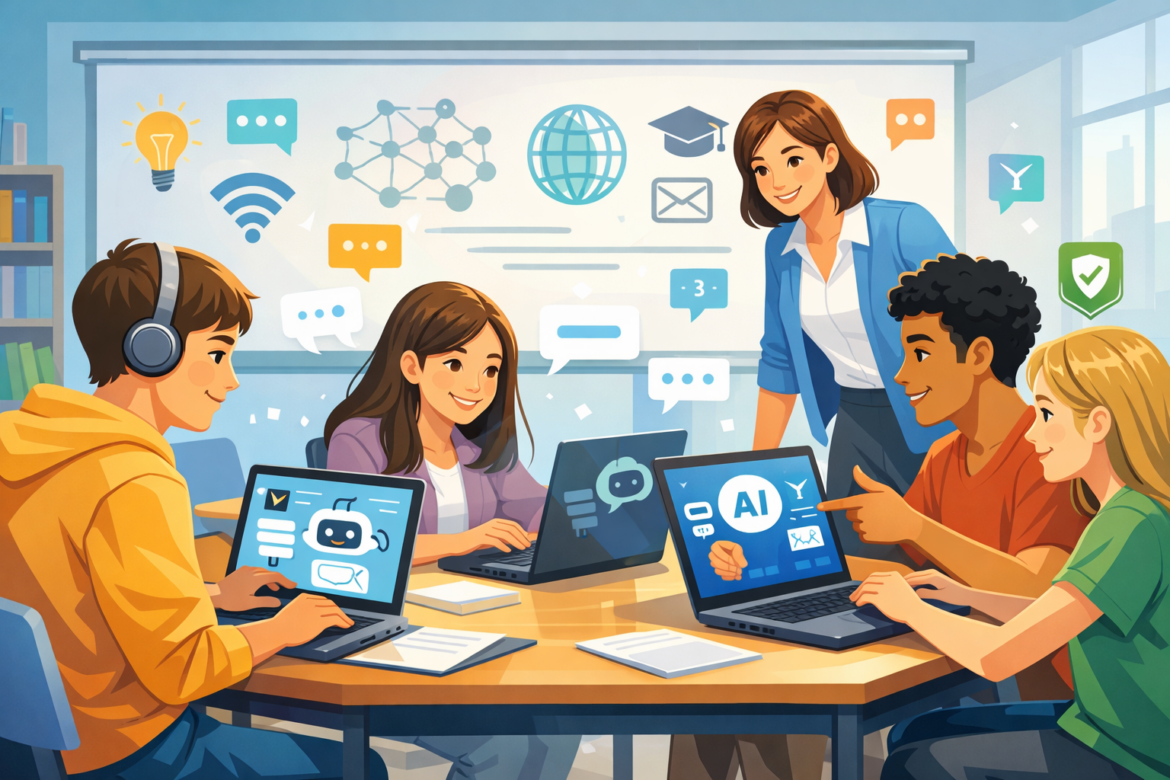 Students using laptops with AI chat interfaces in a bright classroom while a teacher stands nearby guiding them, with digital icons and chat bubbles displayed on a whiteboard behind them.
