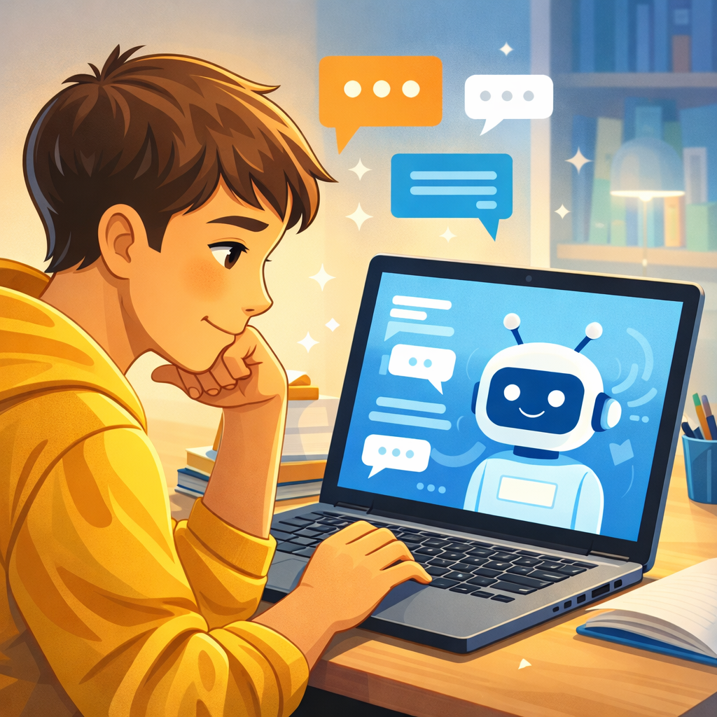 Student sitting at a home study desk looking thoughtfully at a laptop displaying a friendly AI chatbot interface, with chat bubbles on the screen and books and study materials in the background.