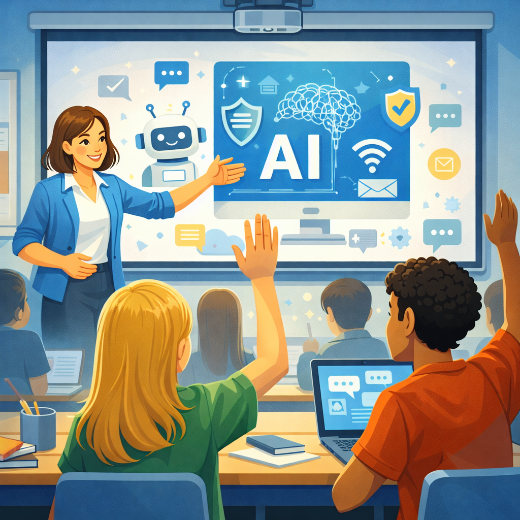 Teacher pointing to a projector screen displaying AI graphics while students in a classroom raise their hands during a discussion about artificial intelligence.