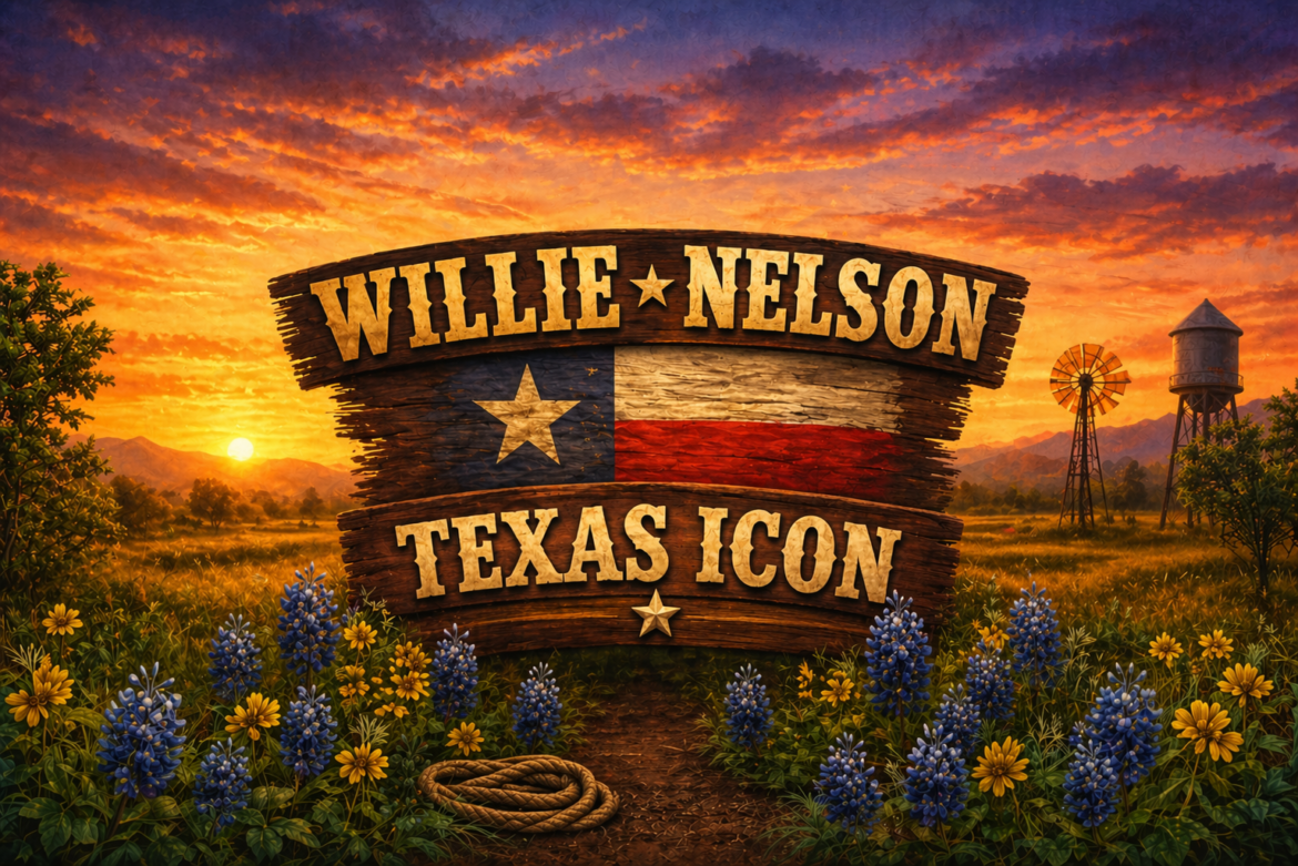 Willie Nelson, a Texas Icon in a Texas scene with wildflowers, a windmill, and a Texas flag background. Gorgeous sunset in the background
