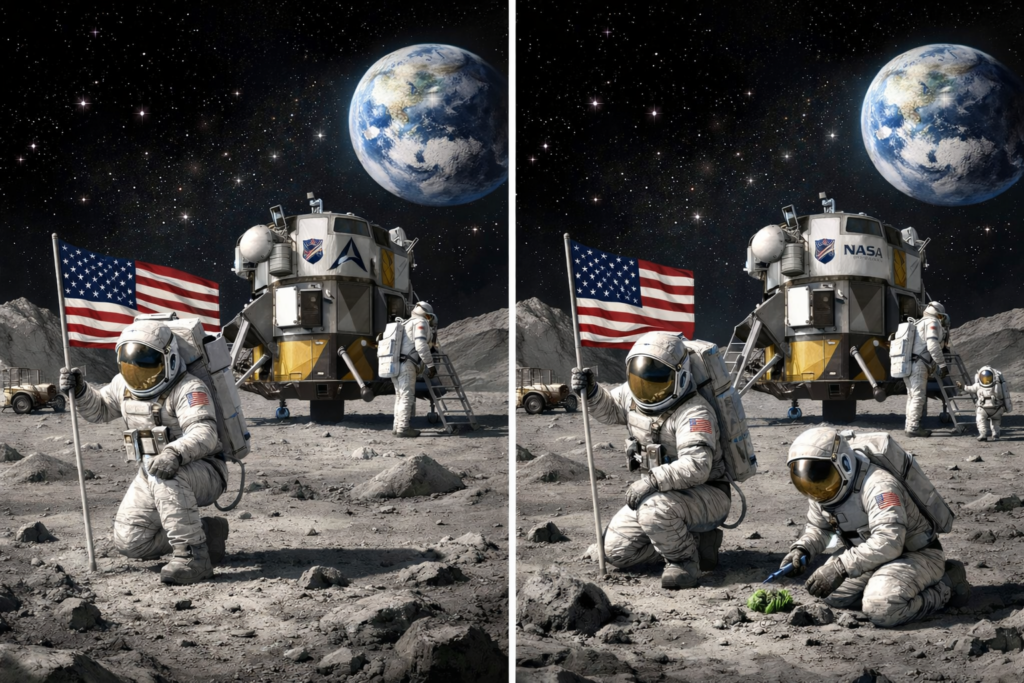 Two side by side images of astronauts on the moon with a lunar lander and American flag, featuring subtle differences such as astronaut positions and objects on the ground.