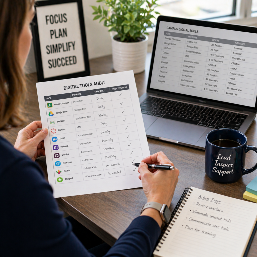 Educator reviewing a digital tools audit checklist at a desk with a laptop displaying campus digital tools, a notebook with action steps, and a motivational sign in the background