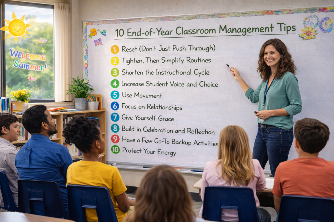 A teacher stands at the front of a classroom pointing to a whiteboard listing ten end-of-year classroom management tips.