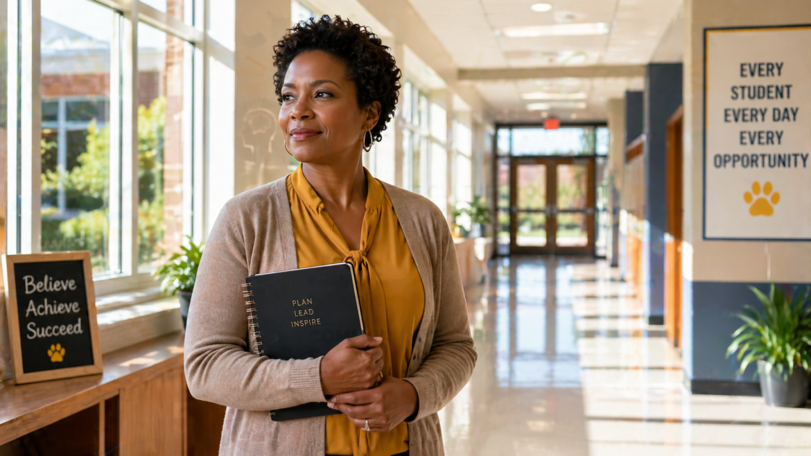 Confident school leader standing in a bright hallway holding a notebook labeled Plan Lead Inspire, surrounded by motivational signs about student success