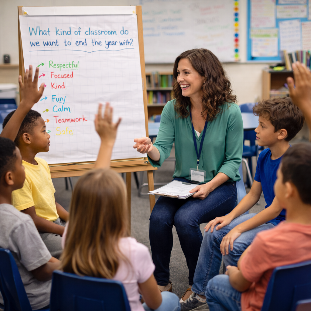 A teacher sits with a group of students in a circle as several children raise their hands while discussing positive classroom values written on a flip chart.