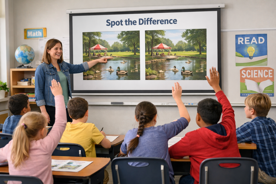 A teacher stands at the front of a classroom pointing at a large screen displaying a spot the difference activity with two images of a park scene while several elementary school students sit at desks raising their hands to answer.