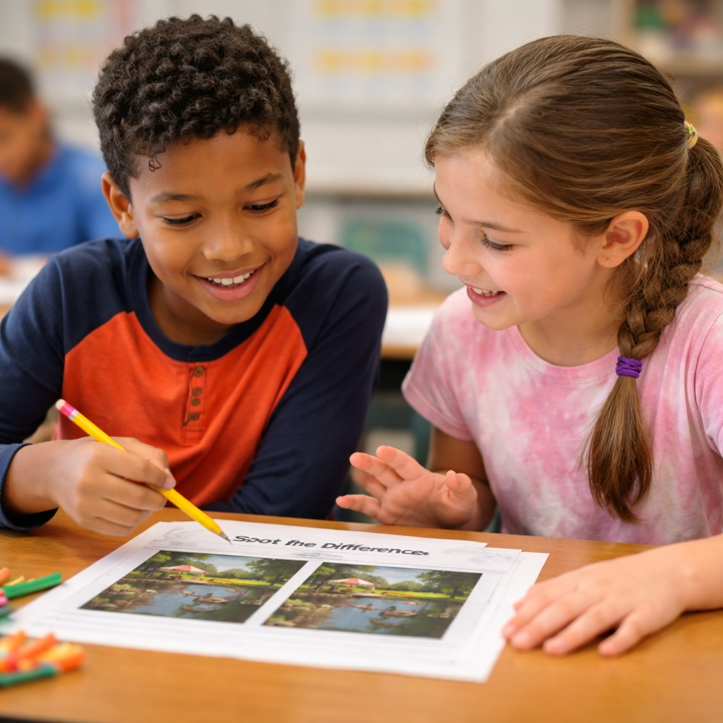 Two elementary school children sit side by side at a desk smiling as they work on a spot the difference worksheet, one holding a pencil and pointing at the page.