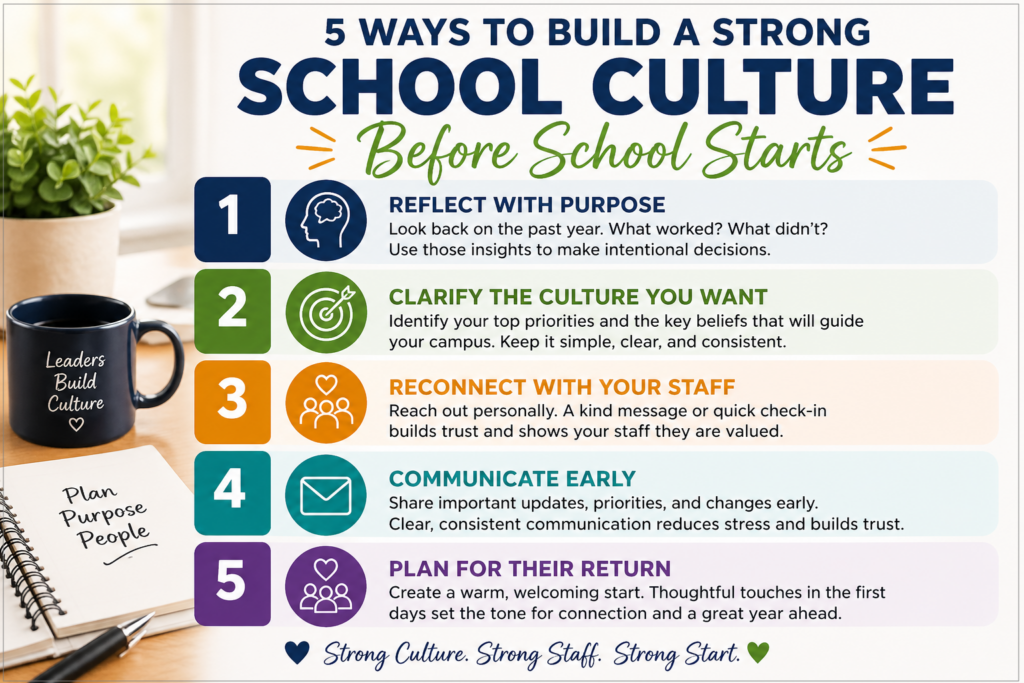 Colorful infographic outlining five strategies for building a positive school culture before the school year begins, displayed alongside a desk with a coffee mug, notebook, and plant