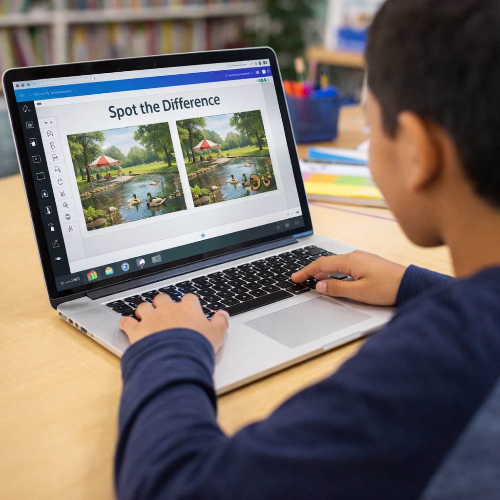 A young student uses a laptop to complete a spot the difference activity, focusing on two similar park images displayed on the screen.
