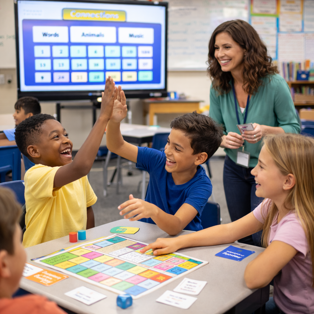 Students gathered around a table play an educational board game, celebrating with a high five while their teacher smiles nearby in a lively classroom.