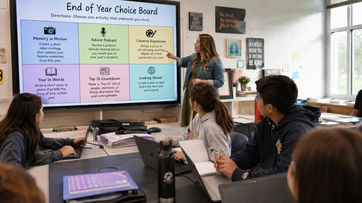 Teacher pointing at a digital board with an end-of-year choice grid while students sit around a table with laptops, looking at the options in a classroom