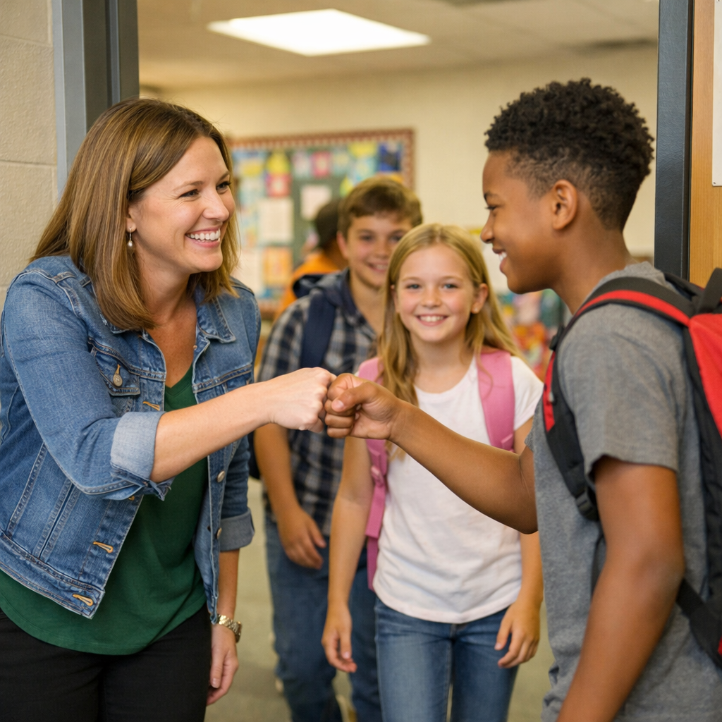 A smiling teacher greets a student with a friendly fist bump in a bright school hallway while two other students with backpacks look on happily