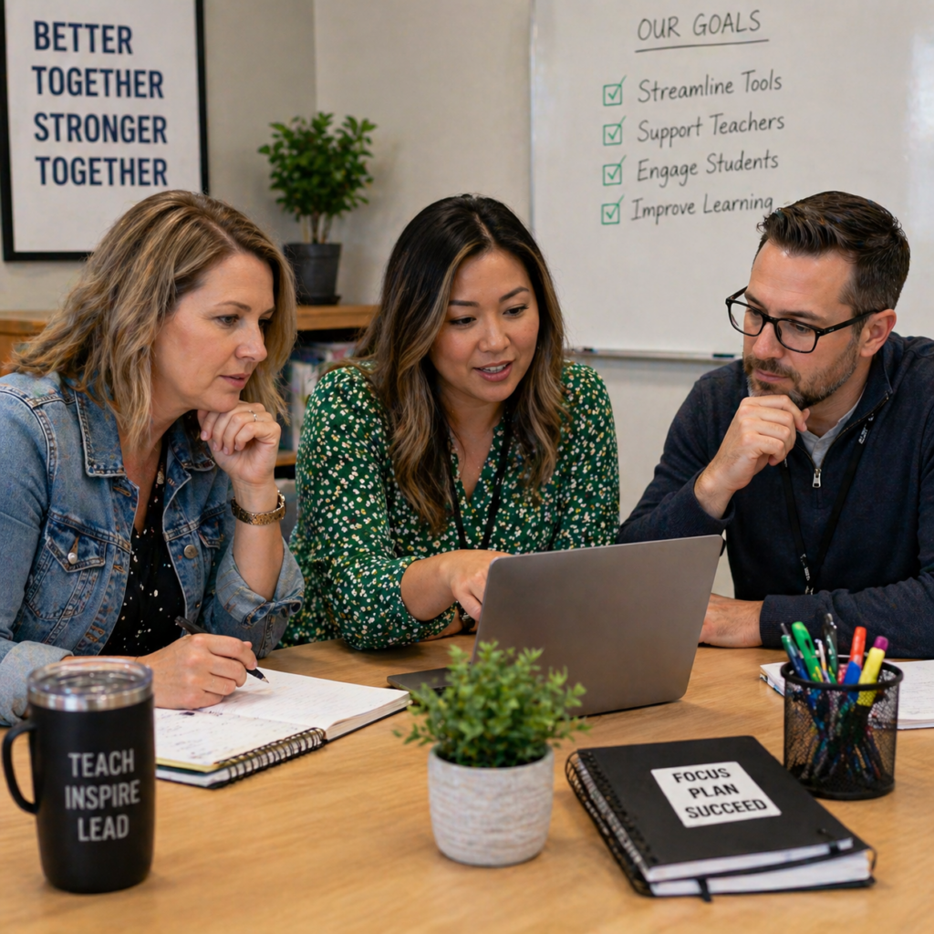 Three educators gathered around a laptop collaborating on lesson planning with notes, a whiteboard of goals, and motivational signs in the background
