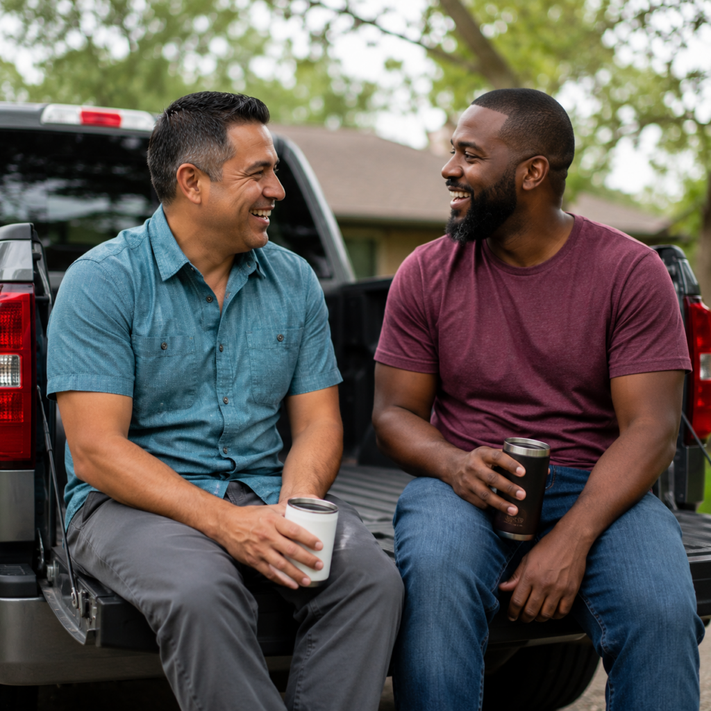 Two men sit on the open tailgate of a pickup truck outdoors, smiling and talking while holding travel mugs in a relaxed neighborhood setting.