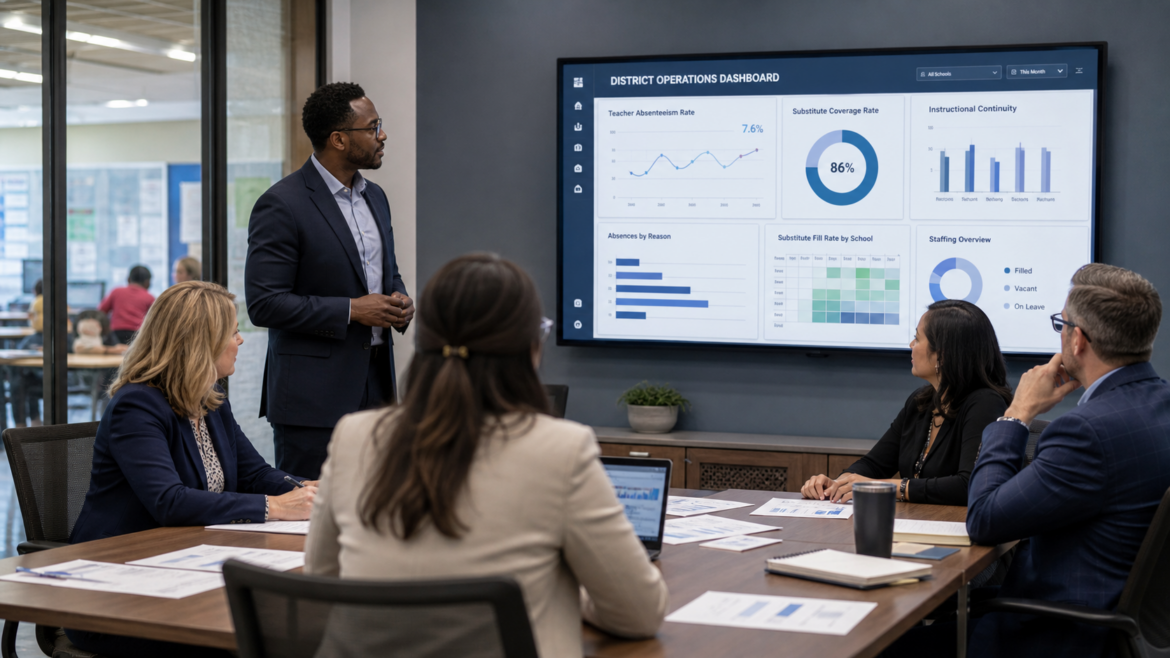 A school district leader presents an operations dashboard on a large wall display during a meeting with administrators reviewing teacher absenteeism, substitute coverage, instructional continuity, and staffing metrics.