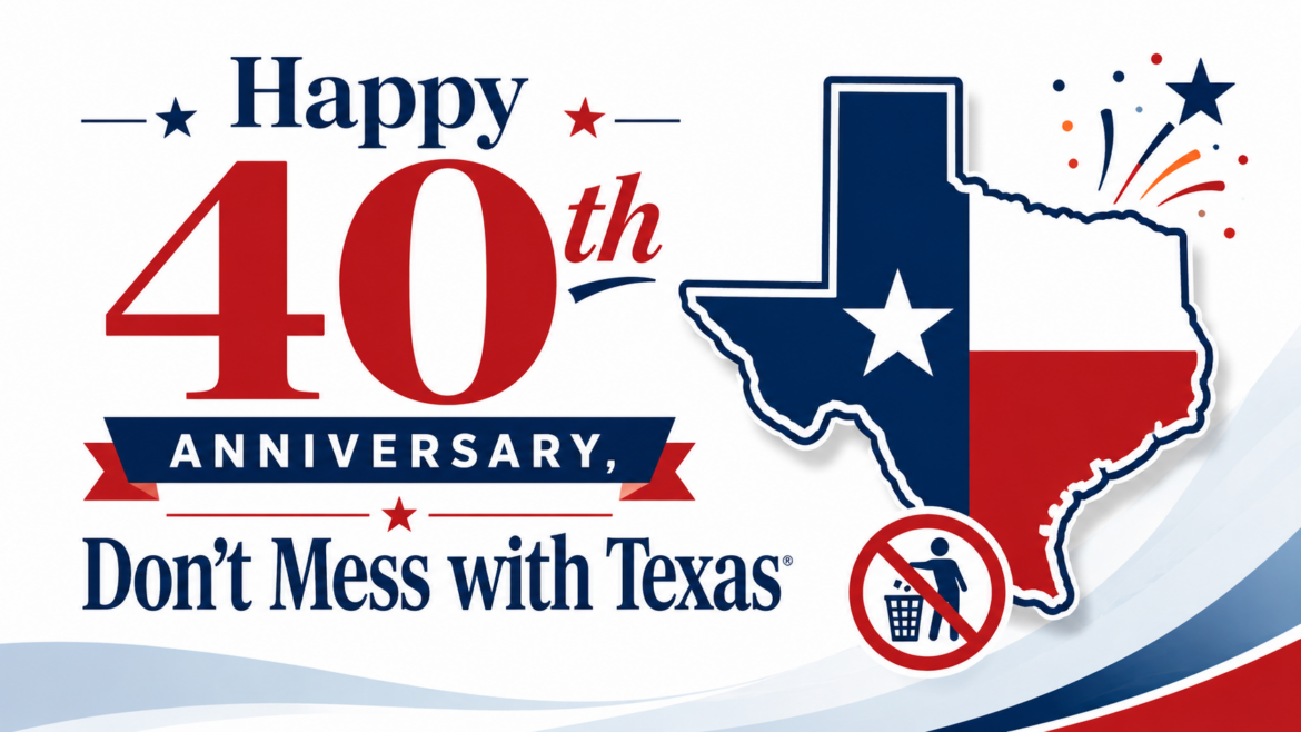 Graphic celebrating the 40th anniversary of Don’t Mess with Texas with a Texas flag map, stars, fireworks, and a no littering icon.