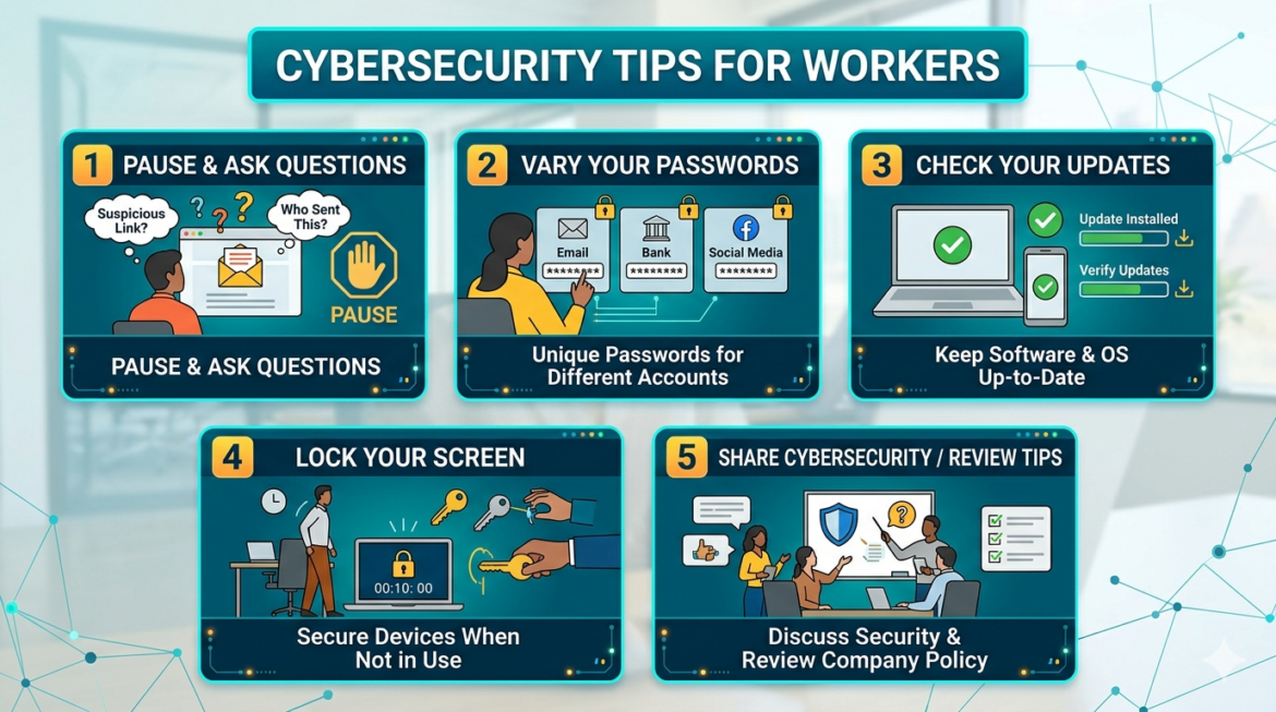 Illustrated cybersecurity tips graphic showing five workplace safety habits: pause and ask questions, vary passwords, check updates, lock your screen, and review cybersecurity tips.