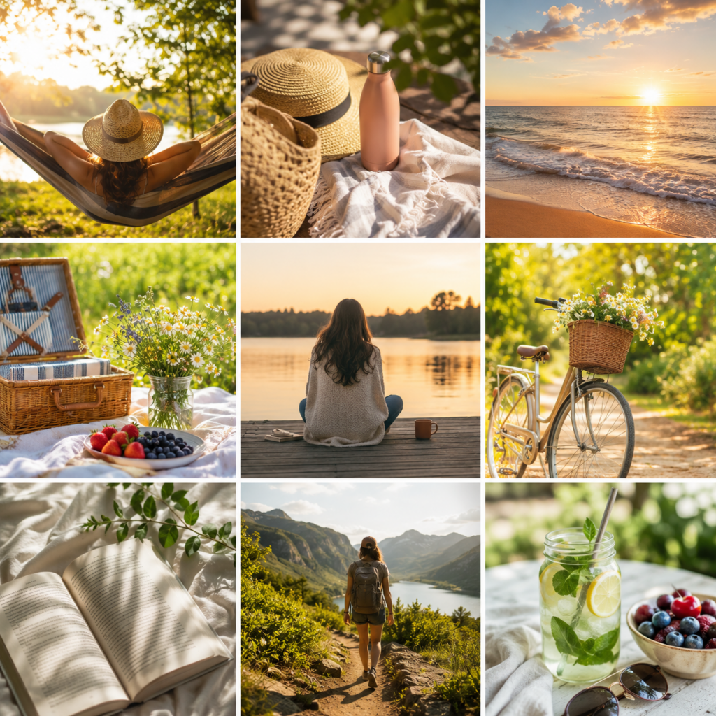 A collage of peaceful summer lifestyle scenes featuring a hammock by the lake, beach sunset, picnic setup, lakeside reflection, bicycle with flowers, hiking trail, open book in sunlight, and refreshing lemon mint drink.