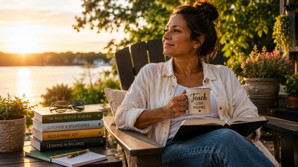 A woman relaxes in an outdoor Adirondack chair by the water at sunset, holding a mug that reads “Teach Love Inspire” while reading beside a stack of books about balance, joy, and rest.
