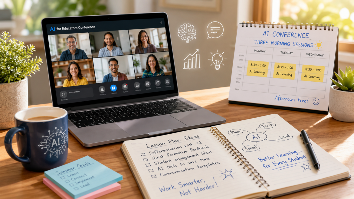 A bright home office workspace featuring a laptop displaying a virtual AI for Educators Conference with six smiling participants on a video call. Nearby, a desk calendar outlines three morning AI learning sessions, while notebooks contain handwritten lesson planning ideas, AI teaching strategies, and productivity notes. A coffee mug with an AI graphic, sticky notes, and potted plants complete the inspiring educator workspace.