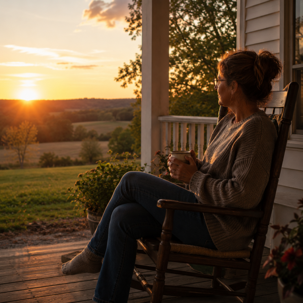 A woman in a cozy sweater sits in a wooden rocking chair on a farmhouse porch at sunset, holding a warm mug while gazing across rolling countryside fields bathed in golden light.