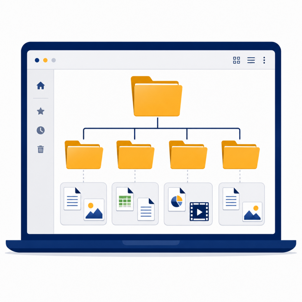 Illustration of a laptop showing a tidy digital folder hierarchy, with one main folder branching into four subfolders for documents, spreadsheets, charts, videos, and images.