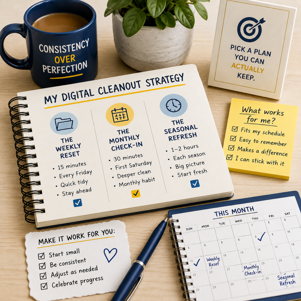 Desk scene with a notebook titled My Digital Cleanout Strategy showing weekly, monthly, and seasonal cleanup routines, surrounded by a coffee mug, plant, checklist notes, calendar, and motivational card.