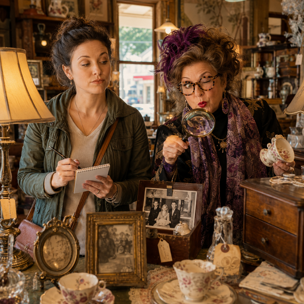 A young woman takes notes while an older woman in bold purple accessories peers through a magnifying glass inside a crowded antique shop filled with teacups, framed photos, lamps, glass bottles, and wooden drawers.