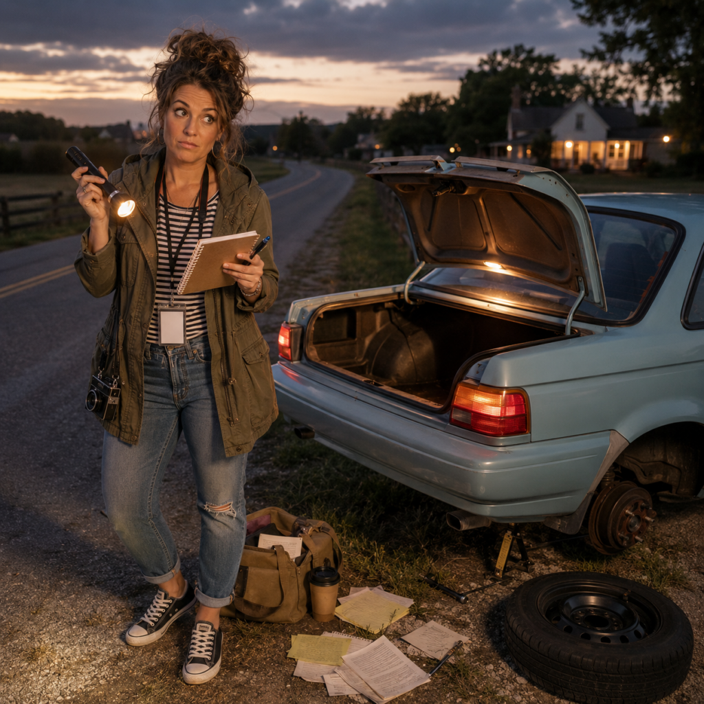 A young woman with messy hair stands beside a light blue car with its trunk open and a missing rear tire, holding a flashlight and notebook on a rural road at dusk.