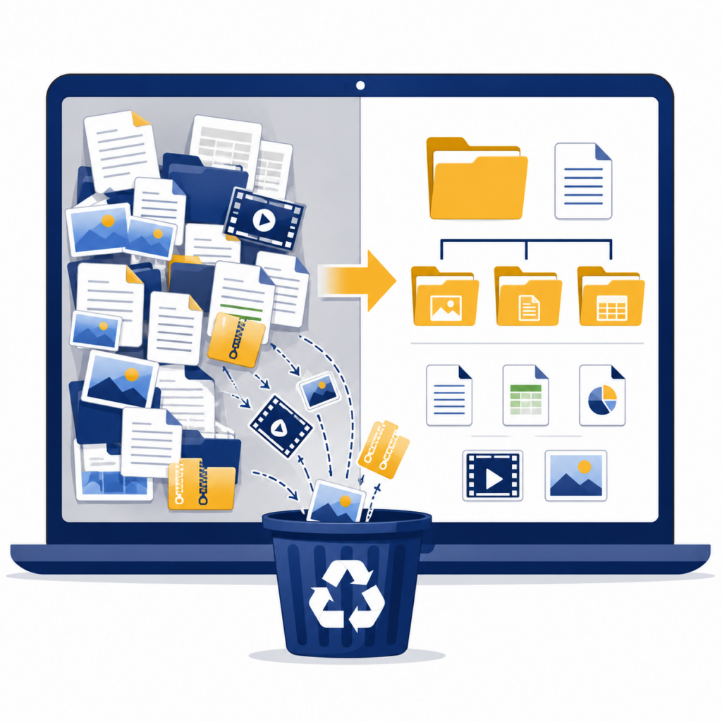 Illustration of a laptop screen split between a chaotic pile of mixed files and a neatly organized folder system, with documents, images, videos, and spreadsheets being sorted and discarded into a recycling bin.