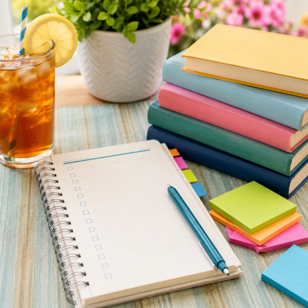 A colorful stack of books sits beside an iced tea with lemon, a blank spiral checklist notebook, blue pen, sticky notes, and a potted plant on a sunny tabletop.
