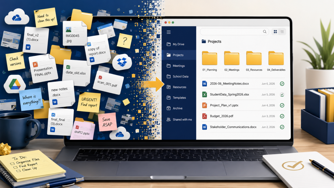 A laptop screen shows a messy digital workspace full of scattered files, folders, sticky notes, and cloud storage icons transforming into a neatly organized drive with labeled project folders and sorted documents.