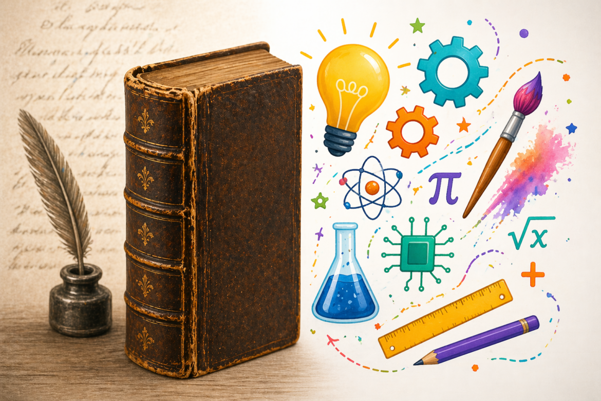 Vintage leather-bound book beside bright STEAM icons like a lightbulb, gears, and paintbrush showing the blend of classic literature and modern learning