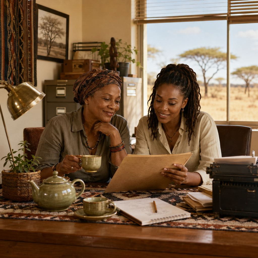 Two women sit together at a warmly lit wooden desk, smiling as they read a large folder beside a teapot, teacups, notebooks, a brass lamp, plants, and a vintage typewriter, with an African savanna landscape visible through the window.