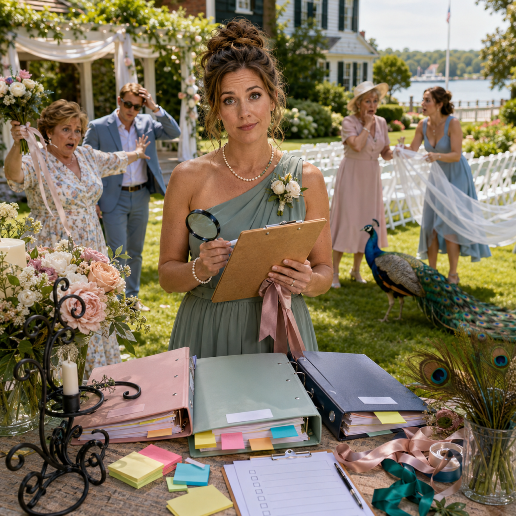 A frazzled bridesmaid or wedding planner stands at an outdoor waterfront wedding with a clipboard and magnifying glass, surrounded by binders, flowers, ribbons, peacock feathers, and startled guests reacting to unfolding chaos.