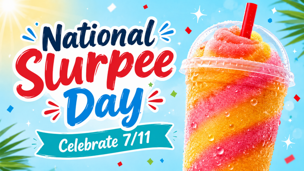 Colorful National Slurpee Day graphic with a tropical frozen drink in pink, orange, and yellow swirls, a red straw, summer confetti, and the words “National Slurpee Day Celebrate 7/11.”