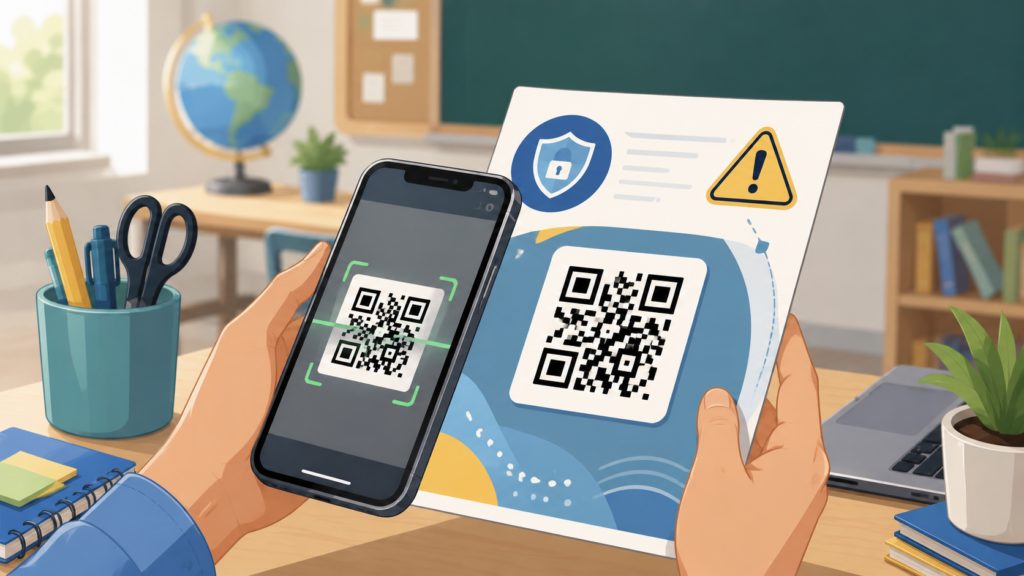 Illustration of a smartphone scanning a QR code on a flyer in a classroom setting, with a caution icon highlighting safe QR code practices.
