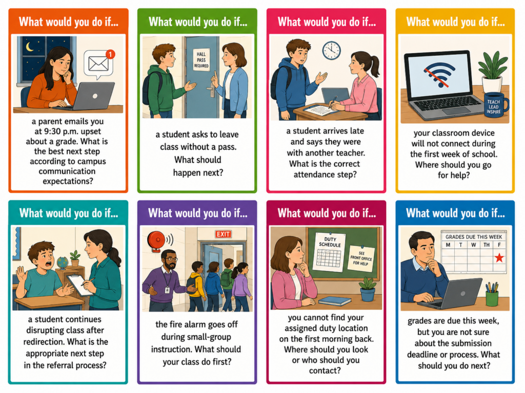 A set of eight colorful classroom scenario cards titled What would you do if. Each card shows a school situation for staff training, including a late-night parent email, a student asking to leave without a pass, a late arrival, a device connection issue, ongoing classroom disruption, a fire alarm during small-group instruction, a missing duty location, and uncertainty about grade submission deadlines.
