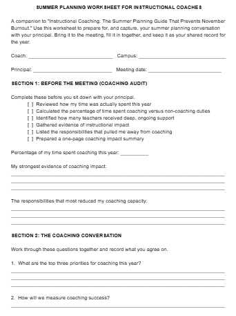 Black-and-white planning worksheet titled Summer Planning Worksheet for Instructional Coaches. The document includes sections for coach and principal information, a coaching audit checklist, reflection prompts about coaching impact and responsibilities, and discussion questions focused on coaching priorities and measuring success.